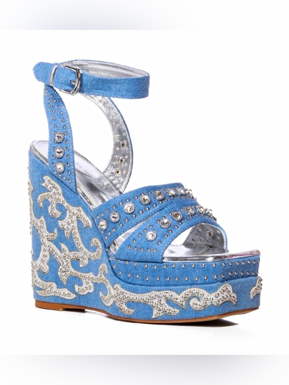 Azalea Wang Denim Rhinestone Studded Platform Wedge Sandals Blue Silver Size 8